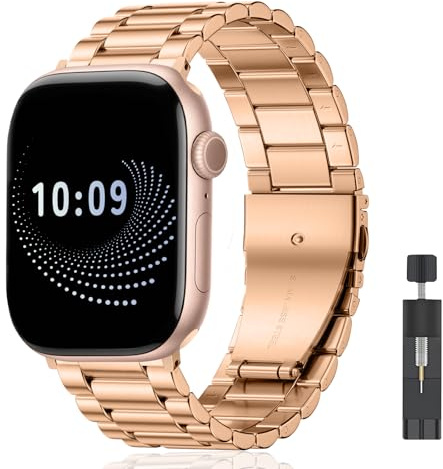 AiiBowy Metallarmband för Apple Watch, rostfritt stål, roséguld, 42/44/45/46/49mm, vikbart spänne, kompatibelt med Apple Watch Series 1-11, Ultra, SE