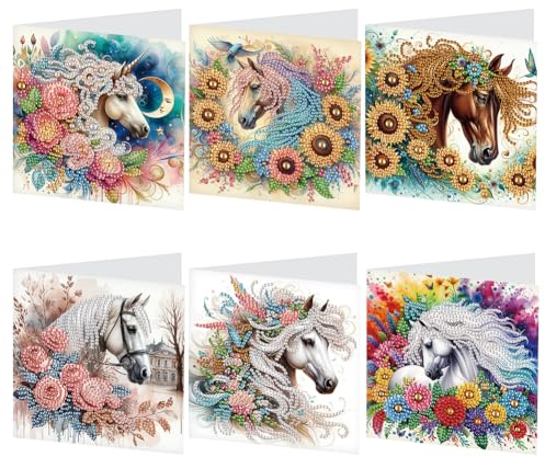 Generisch 6er Set Diamond Painting Geburtstagskarten- Glückwunschkarte, Valentinstagskarte,Postkarte zum Geburtstag - Happy Birthday Karten als Postkarten Set -Blumen Pferd