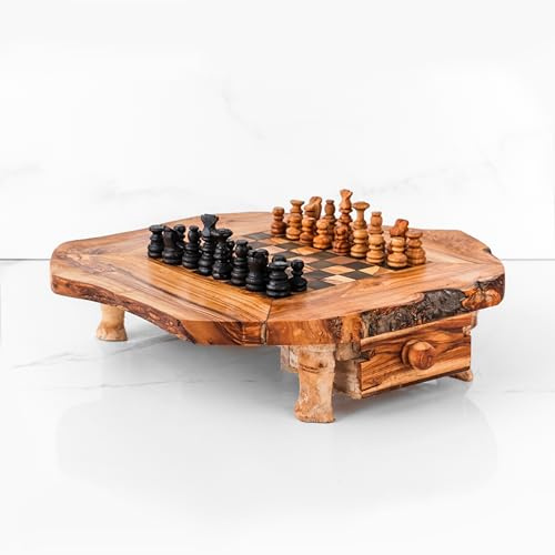 Juego de ajedrez de madera de olivo hecho a mano, 100 orgánicos, rústico con cajón, tablero de ajedrez de madera de olivo con patas, figuras incluidas, regalos de ajedrez únicos