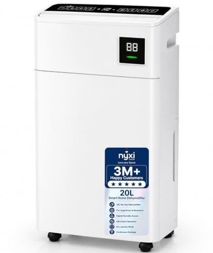 Nyxi 20L Per Day Dehumidifier, Powerful Moisture Removal for Large Room & Basement with Digital Humidity Sensor, Ultra Quite, XL, Dry Laundry, Continuous Drainage, Removes Condensation, Humidity, Damp