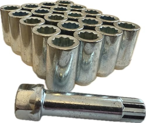 BIMECC Set of 20 Alloy Wheel Tuner Nuts with Tuner Key Compatible with Ford | Mazda | Honda | Kia | Suzuki - M12x1.5 Slim Lug Nuts - Taper - Silver - Slimline Nuts