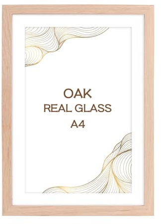 kollyseek Oak Real Glass Picture Frame Din A4 Natural Wood Photo Frame with White Mount 21x29.7cm Oak Poster Frame Real Wood Large Collage (Natural)