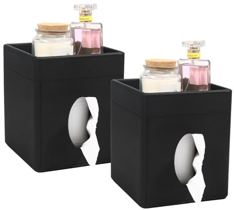 2 PCS Tissue Box Cover, PU Leather Tissue Holder Square Facial Tissue Case Facial Paper Organizer Dispenser for Bathroom Vanity Countertop Night Stands Bedroom Office Desk