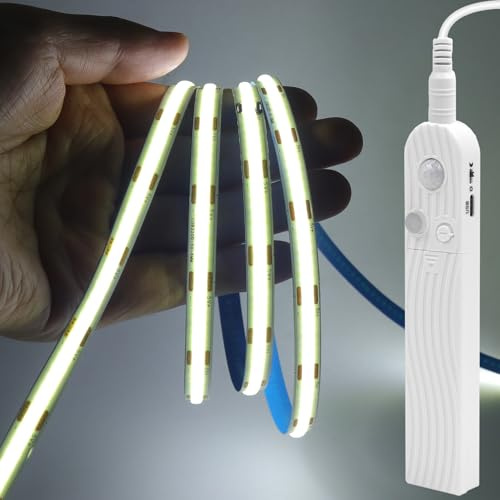 Tiras de luces LED con sensor de movimiento GQL - COB PIR 5V alimentadas por batería o USB, autoadhesivas para armarios, guardarropas, armarios, escaleras (blanco frío, 3m)