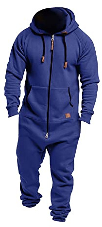 Overall herr jumpsuit jogging kostym huvtröja herr dragkedja, träningsoverall med huva och dragkedja bomull hemmadräkt varm vinter onepiece joggingdräkt bekväm mjuk one piece sportdräkt, blå, XL