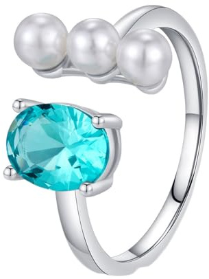 Skcess 14K Weißgold Fingerring Damen Blau Zirkonia 6x8mm, Offener Perlenring, Verstellbar Trauringe Größe 62 (19.7)