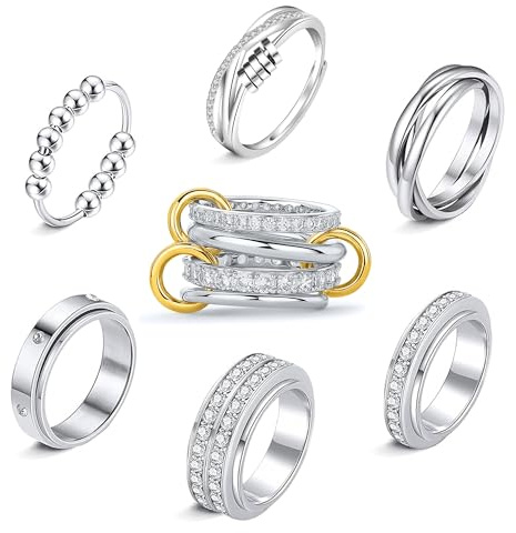 LOFITOR 7 Stück Anti Stress Fidget Ringe Anxiety ADHS Ring Set für Damen | Gold Silber Drehbare Spinner Anti Angst Swivel Ringe Aus Edelstahl Für Damen Und Herren Mit Zirkonia, Mond, Kreuz