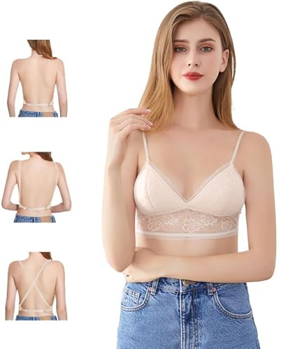 XFSRG Soutiensgorge Femme sans Armature Triangle Dentelle Bretelles Réglables Confortable Maintien Léger Sousvêtement Quotidien Bralette Élégant Lingerie Douce(Beige/M)