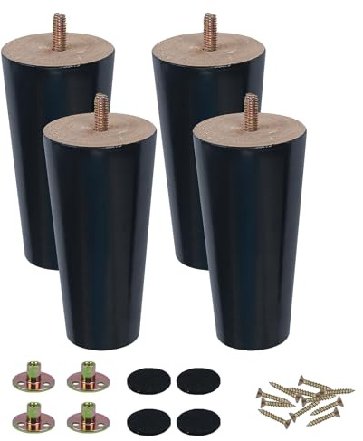 CxutSa 4PCS Wooden Furniture Legs 12cm Solid Wood Sofa Legs Chair Legs Table Legs Black Furniture Replacement Feet with Mounting Plates Screws Non-Slip Mat for Chair Bed Couch Table TV Cabinet