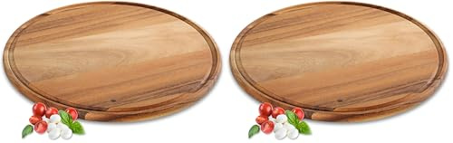 Zassenhaus Piatto per Pizza in Legno di Acacia - Diametro 33 cm, Coltivato in Modo Sostenibile - Vassoio Rotondo con Scanalatura per Servire Pizza o Torte Fiamme - Tagliere (Confezione da 2)