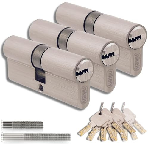 Lot de 3 cylindres pour serrures en laiton 30/30 mm, cylindre à double serrure, vis et clés incluses, facilement montable, serrure pour portes et garages, clé unique, longueur 60 mm