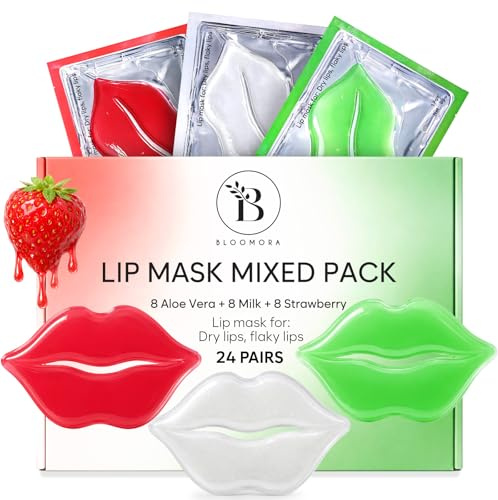 Set de Mascarillas para Labios (24 Unidades) - Aloe Vera, Leche y Fresa - Mascarilla Hidratante e Protector Labial Antiarrugas e Antienvejecimiento para Mujeres - Lip Mask