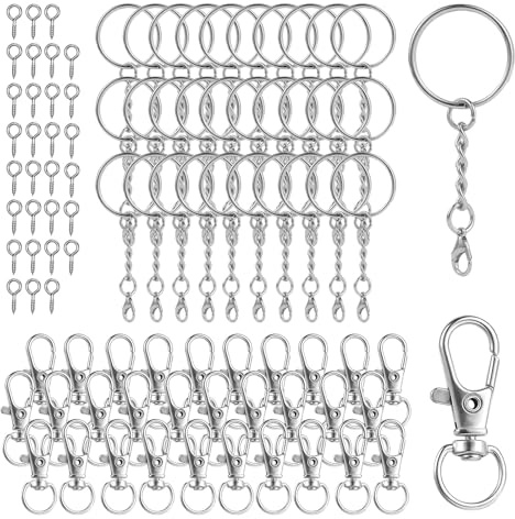 Schlüsselring mit Kette 25mm Karabinerverschluss Basteln Set (30 Schlüsselanhänger Ringe Kette +30 Schrauböse Pins+30 Schlüsselanhänger) für Schlüssel DIY Schmuckherstellung Anhänger Zubehör Silber