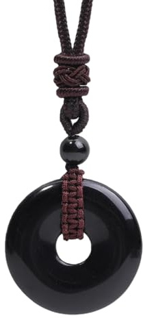 Natural Crystal Donut Pendant Necklace Reiki Stone Lucky Coin Gemstone Necklaces Adjustable Rope Couple Amulet Charms Choker Jewelry Valentine'S Day Gift for Women Men Black Obsidian