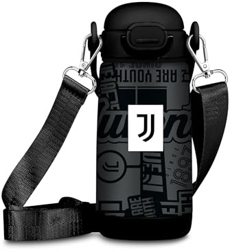Seven Borraccia Kid Juventus, Nero, 400 ml, Acciaio Inox, BPA free, Ermetica, Tenuta Stagna, A prova di perdite, Caldo 12h/Freddo 24h, Tracolla inclusa, Scuola, Sport, Viaggi, Per ragazzi, Idea regalo