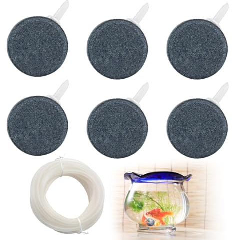 LEIMEND 6 Stücke Luftstein Aquarium Sprudelstein für Aquarium mit 1 Stück 2m Rohr Ausströmer Sauerstoff Stein Luftsteinscheibe Sprudler für Teiche Aquarien Fisch Tank Luftpumpen (Grau)