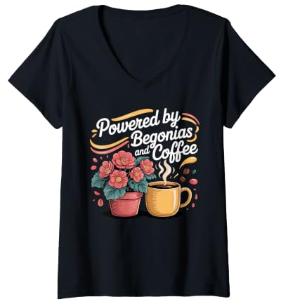Women's Powered by Begonias and Coffee Begonia Houseplant V-Neck T-Shirt