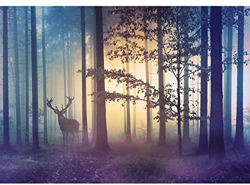 Runa Art Fototapete Wald Hirsch Nebel 352 x 250 cm Vlies Tapeten XXL Moderne Wandtapete Wohnzimmer Schlafzimmer Gelb Blau 9338011a