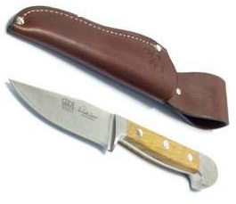 Jagdnicker, Jagdmesser, Griff aus Eichenholz mit Lederscheide