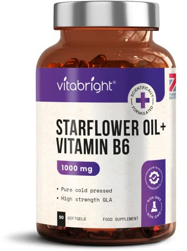 Starflower Oil Capsules 1000mg | 3 Months High GLA Borage with Vitamin B6 | Cold Pressed Star Flower Oil 1000mg Softgels | Vitabright Starflower Supplement High Strength