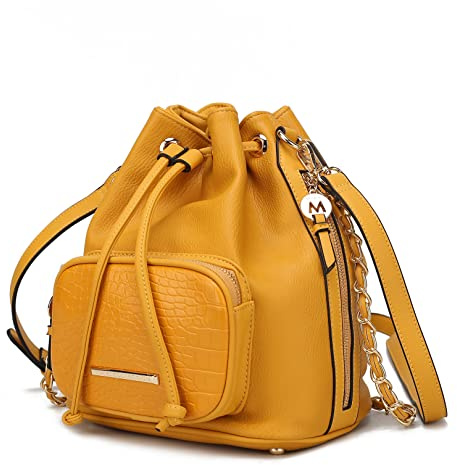 MKF Collection Bucket Shoulder Bag for Women Vegan Leather Crossbody Bag, 2 different style of straps Handbag Purse By Mia K, Azalea Yellow, L