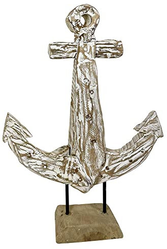 zeitzone Anker Figur Deko Skulptur Schiffsanker auf Ständer Teakholz Weiß Maritim 38cm