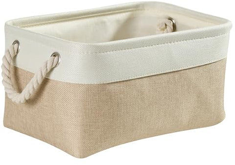 Mangata Fabric Storage Boxes, Collapsible Storage Baskets with Rope Handles for Cupboards, Shelves, Wardrobe, Toys, Clothes (Medium, Light Khaki White)