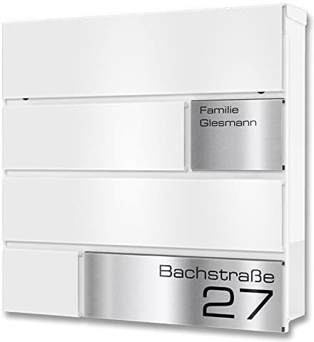 Metzler Briefkasten in weiß Modell G - Pulverbeschichtung in RAL 9016 Feinstruktur Matt - Postkasten mit Gravur und Edelstahl Namensschild - Zur Wand-Montage - Größe: 37 x 37 x 10,5 cm