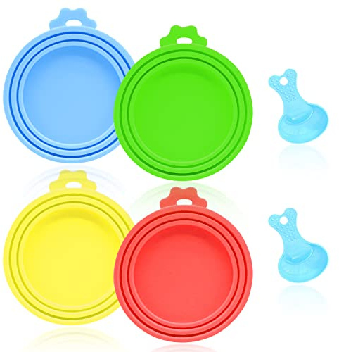 4 Deckel für Tierfutterdosen, 3-in-1-Silikondosendeckel in Universalgröße, BPA-frei, mehrfarbig, mit 2 blauen Haustier Futterlöffeln, geeignet für Hundefutter, Katzenfutter, Tiernahrung