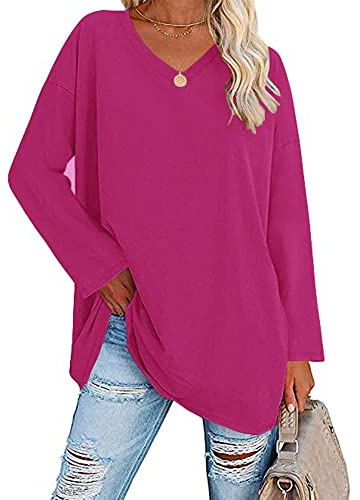 Famulily Women's Basic Long Sleeve Cotton T Shirts Solid Color Comfy V Neck Loose Tunic Tee Shirts Tops