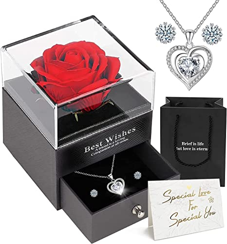Geschenke für Mama, Handgefertigte konservierte Rosen mit Herz Halskette und Ohrringe, Ewige Rose Geschenke für Valentinstag Muttertag Hochzeit Thanksgiving Jahrestag Geburtstag, Geschenk für frau