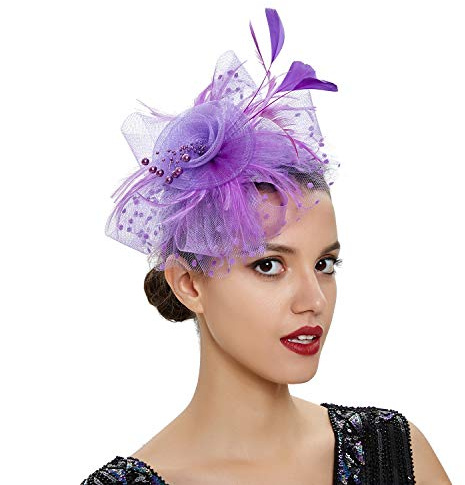 Losuya Flower Feather Fascinator Hat Net Veil Headband for Royal Ascot Races, Bridal Shower, Cocktail Tea Party Decoration (Purple), M