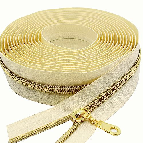 MebuZip Cremallera continua dorada de 9 m, se vende por metro, nailon en espiral de 6 mm + 25 cremalleras no bloqueadas para decoración de bolsos, manualidades, costura (beige dorado)