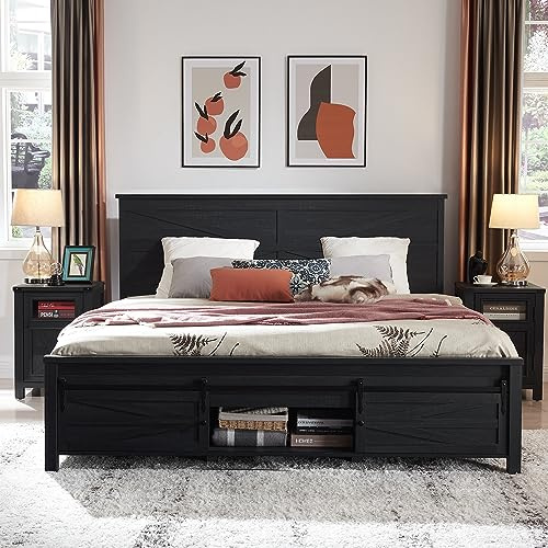 JXQTLINGMU Farmhouse Wood Bed Frame King Size with Sliding Barn Door Storage Cabinets and Headboard, Solid Wood Slats Support, Noiseless, No Box Spring Needed, Black