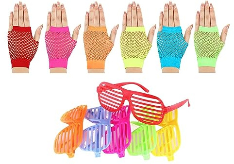 EULAPGOE Neon Fishnet Gloves Fingerless For Women,Neon Party Gloves and Shutters Eyeglasses, 80s Fishnet Fingerless Neon Gloves, Shutters Personalized Shutters Eyeglasses Show Prom Party Supplies