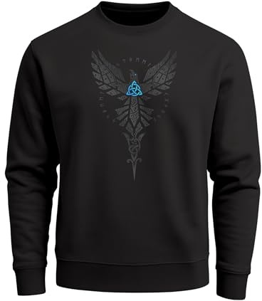 Neverless® Sweatshirt Herren Munin Raven Odin Valknut Valhalla Wikinger Nordmänner Mythologie Rundhals-Pullover Schwarz XXL
