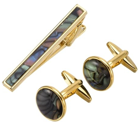 Dsnyu Krawattenklammer und Manschettenknöpfe Set, Manschettenknöpfe Trauzeuge Abalone-Muschel Eingelegt Herren Schmuck Gold für Hemd mit Geschenkbox