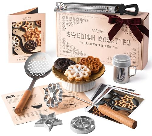 Swedish Rosette Iron Set with Handle Cooking Gifts – Rosette Maker & Bunuelos Mold Valentine's Day Baking Essentials | Funnel Cake Maker & Waffle Iron Kit – Rosettes Unique Baking Gift Set for Women