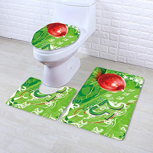 Bad Teppiche Set Grüne Rote Weihnachten Badezimmerteppich Waschbar WC Vorleger mit Ausschnitt und WC Deckelbezug 3 Teilig Badematte rutschfest Toilettensitzbezug Badgarnitur 45x75 cm
