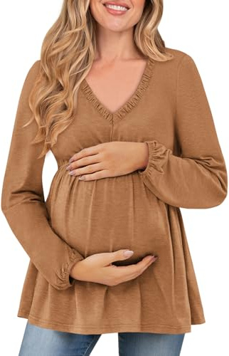 FMEYOA Damen Umstands-Tops Langarm V-Ausschnitt Herbst Lose Bluse Rüschen Babydoll Schwangerschaft Shirts S-2XL, Braun, Mittel