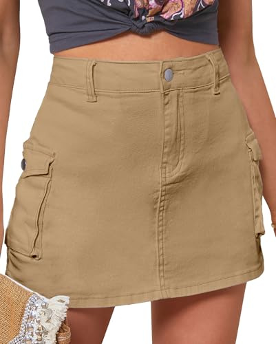 Vetinee Pantalones cortos cargo para mujer, falda de cintura alta, pantalones cortos holgados Y2K Minifalda, caqui, L