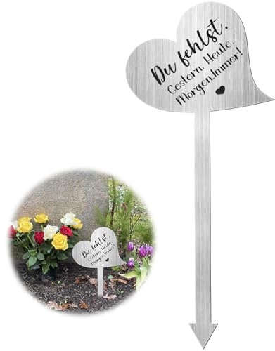 Decorazione per sepoltura resistente alle intemperie, 28 cm, in acciaio inox, con scritta Du Fehlst. Ieri, decorazione per tomba resistente alle intemperie