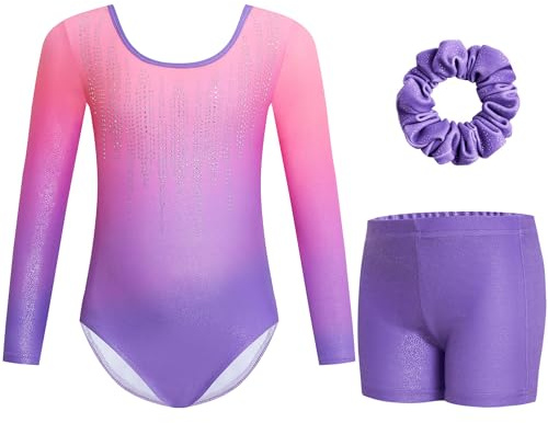 Gogokids Tredelad gymnastikdräkt för flickor, långärmad, med shorts och pannband, glänsande dansklänning med gradient färgdesign, för 3–12 år, 140(130-140 cm,9-10Y)