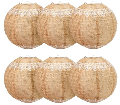 6 Stück Lampions mit Spitze Hochzeitsdeko Vintage Braun Papier Laternen weißes Spitzenband Lampion Dekorationen für Hochzeit Party Deko (20cm)