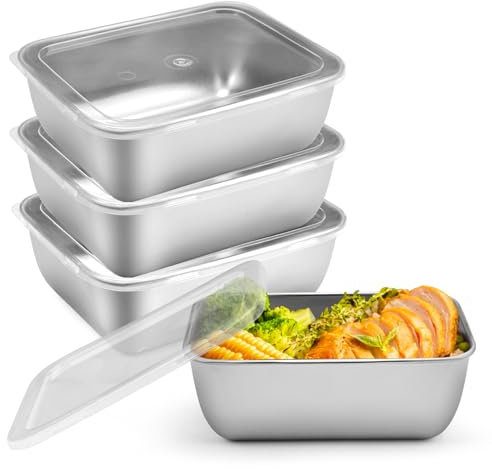 TESSTSY 4 Piezas Recipientes para Alimentos Acero Inoxidable 13.5x10.5x5.5 cm, Recipientes Herméticos con Tapa, Recipientes de Almacenamiento de Alimentos con Tapas, para Horno, Congelador