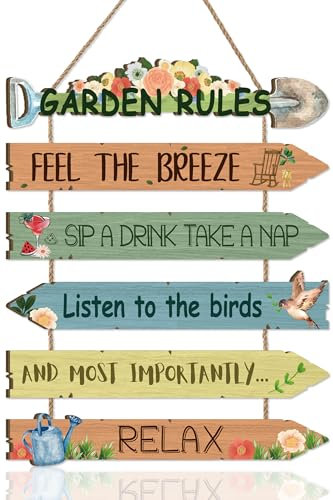 KAIRNE Garden Rules Wall Sign Flower Birds with Relaxing Quotes Feel the Breeze Outdoor Yard Rustic Hanging Wooden Plaque Garden Spring Welcome Sign Presents for Gardeners Women Home Art Decor