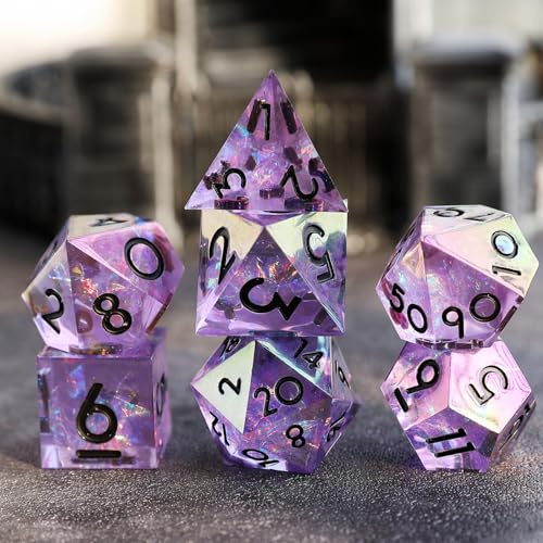 Elifel iriserande DND-plätering handgjorda tärningar 7 st, D & D harts skarp kant polyhedral DND dungeon och drake set för rollspel bordsspel med presentfodral