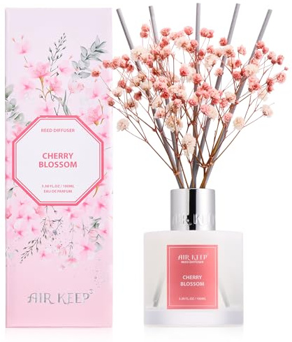 Airkeep Raumduft Cherry Blossom Duft, Reed Diffuser mit 8 Duftstäbchen, Lufterfrischer für Badezimmer, Wohnung, Heimdekoration, 100ml