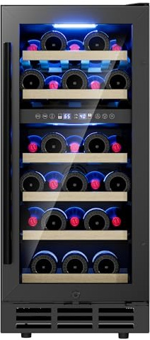 15 Inch Dual Zone Wine Refrigerator, 28 Bottle Under Counter Wine Fridge for Built-In or Freestanding, Wine Cooler with Removable Shelves, Double-Layer Glass Door, for Home, Office (Black)