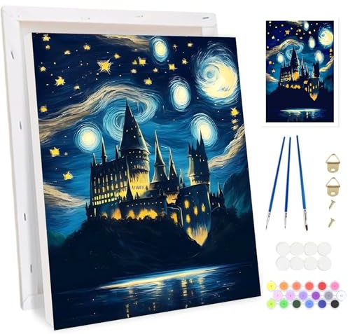 Bowetile stjärnhimmel slott inramad måla efter siffror för vuxna, havsmålning efter siffror kit för vuxna, nybörjarcanvas-kit, gör-det-själv akrylpigment ritning målning för heminredning, 20 x 30 cm